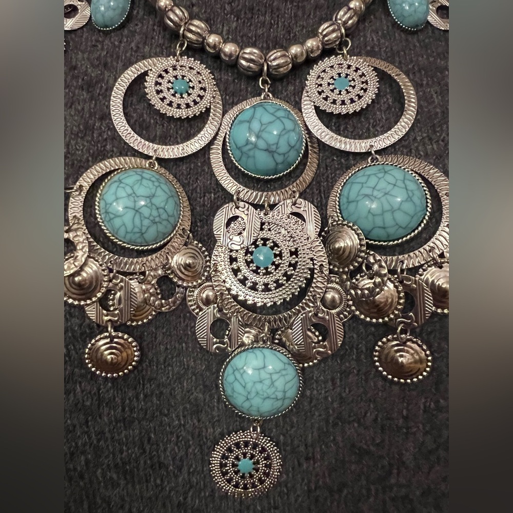 Silver And Turquoise Dangle Bib Statement Necklace - image 3